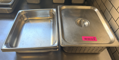 (3) ASSORTED 1/2 SIZE STAINLESS INSERTS.