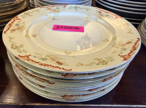 (8) 10" DECORATIVE CHINA SALAD/DESSERT PLATES FEATURING HAND-PAINTED FLORAL ACCENTS, ORNATE BORDER DETAILS, AND GOLD-TONE TRIM.
