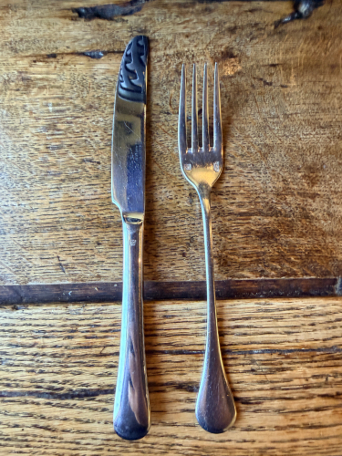 (50) STAINLESS KNIVES, AND FORKS