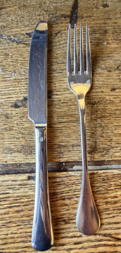 (50) STAINLESS KNIVES, AND FORKS