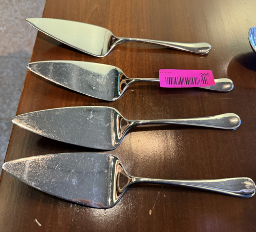 (4) STAINLESS PIE SERVERS.