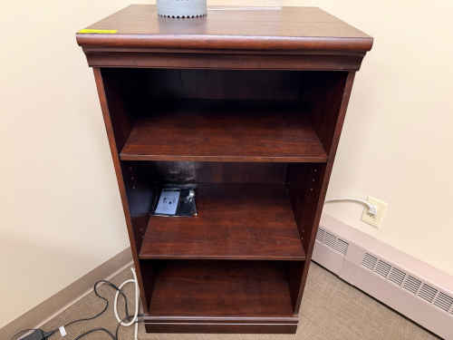 WOOD VENEER OPEN BOOKCASE WITH DOUBLE ADJUSTABLE SHELF, MOLDED TOP EDGE, AND BASE TRIM. DARK ESPRESSO FINISH WITH OPEN STORAGE DESIGN.