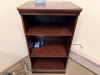 WOOD VENEER OPEN BOOKCASE WITH DOUBLE ADJUSTABLE SHELF, MOLDED TOP EDGE, AND BASE TRIM. DARK ESPRESSO FINISH WITH OPEN STORAGE DESIGN.