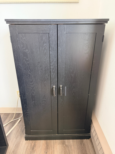 BLACK WOOD STORAGE CABINET AND MATCHING OPEN CUBE SHELVING UNIT