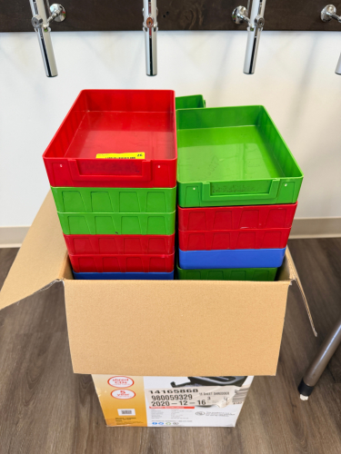 (1) LOT OF MISC OFFICE SUPPLIES AND STACKING BIN ORGANIZERS.