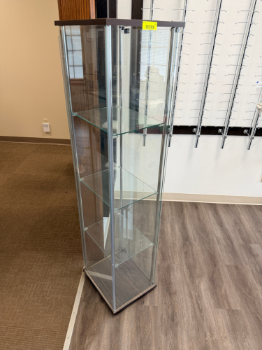 12 "X 12" GLASS DISPLAY SHELF / CABINET W/ WOODEN BASE AND TOP.
