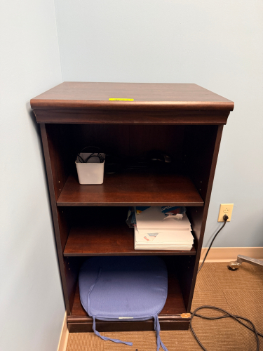WOOD VENEER OPEN BOOKCASE WITH DOUBLE ADJUSTABLE SHELF, MOLDED TOP EDGE, AND BASE TRIM. DARK ESPRESSO FINISH WITH OPEN STORAGE DESIGN.