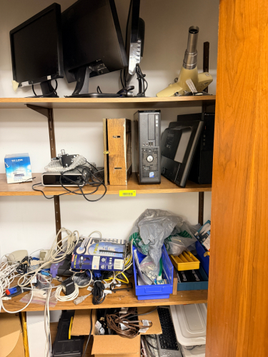 CONTENTS OF CLOSET - OLF COMPUTER HARDWAREM CORDS, AND CABLES.