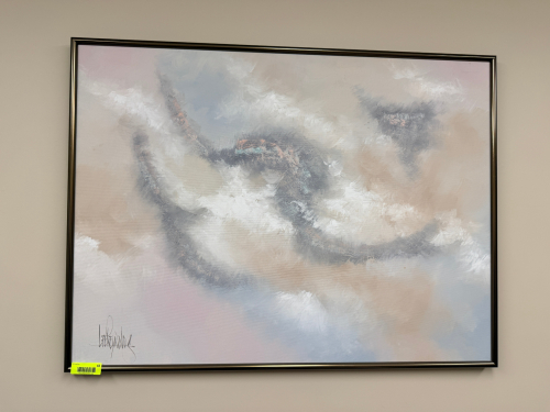 FRAMED ABSTRACT WALL ART / CANVAS PAINTING WITH SOFT NEUTRAL TONES AND METALLIC ACCENTS.