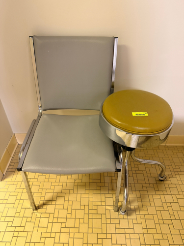 VINYL SIDE CHAIR AND EXAM ROOM STOOL.