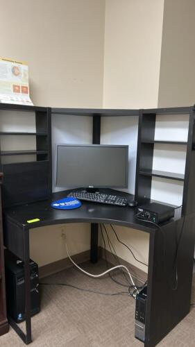 (1) L SHAPED BLACK OFF DESK WITH SHELFS