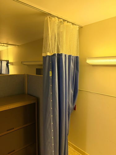 (2) SETS OF BLUE CEILING MOUNTED HOSPITAL CURTAINS W/ RAILS.
