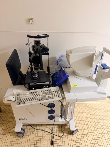 TALIA VISIONARY DIAGNOSTICS RTA (RETINAL THICKNESS ANALYZER) SYSTEM WITH SLIT LAMP BIO-MICROSCOPE WORKSTATION, COMPUTER, AND ACCESSORIES.