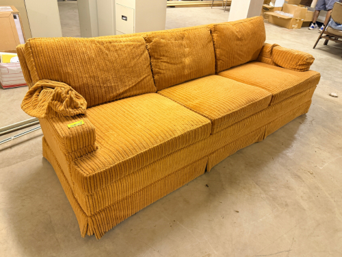 VINTAGE MID-CENTURY STYLE THREE-CUSHION SOFA / COUCH WITH GOLD MUSTARD WIDE-WALE CORDUROY UPHOLSTERY