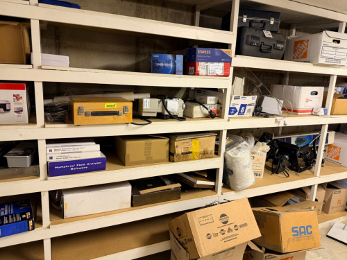 CONTENTS OF (5) BASEMENT WALL SHELVES - ASSORTED OLDER COMPUTER EQUIPMENT, MEDICAL EQUIPMENT, AND MISC.