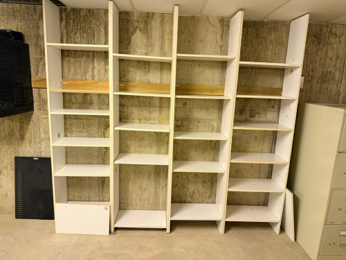 FOUR SECTIONS OF WHITE COMPOSITE CUBY STYLE ORGANIZER SHELVING.