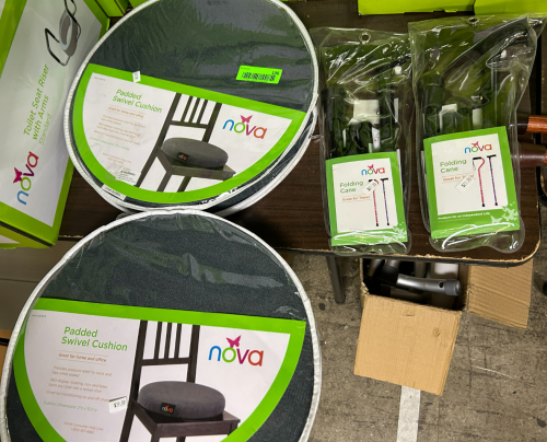 (2) FOLDING CANES AND (2) PADDED SWIVEL CUSHIONS