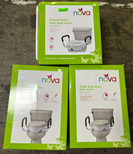 (3) ASSORTED NOVA RAISED TOILET SEATS WITH ARMS
