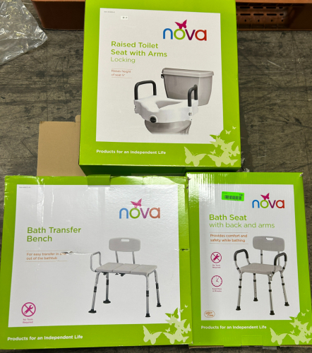 (1) RAISED TOILET SEAT (1) BATH TRANSFER BENCH AND (1) BATH SEAT WITH BACK AND ARMS