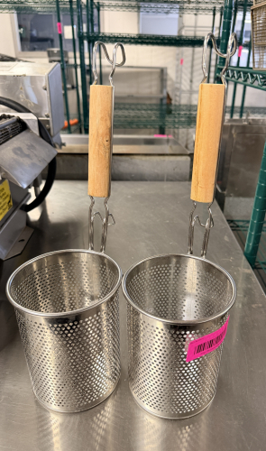 (2) STAINLESS PASTA BASKETS.