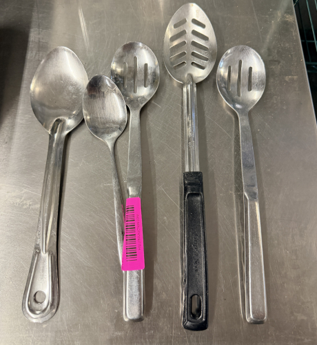 (5) ASSORTED STAINLESS SERVING SPOONS