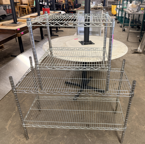(2) SMALL CHROME WIRE SHELVING UNITS.