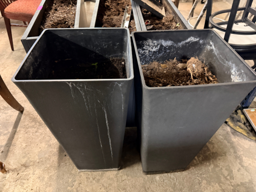 (2) 30" TALL BLACK PLASTIC PLANTERS.