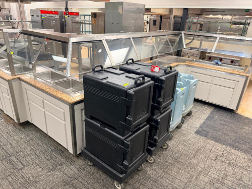 4' X 12'X 6' S - SHAPED STAINLESS STEEL SERVING LINE WITH GLASS SNEEZE GUARDS, (9) WELLS MODEL 1DD100D HEATED DROP-IN FOOD WELLS,. STAINLESS STEEL BASE TABLES MAY BE INCLUDED AT THE WINNING BIDDER'S OPTION.