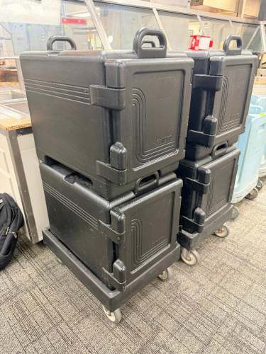 (2) CAMBRO BLACK PLASTIC INSULATED CATERING BOXES W/ DOLLY.