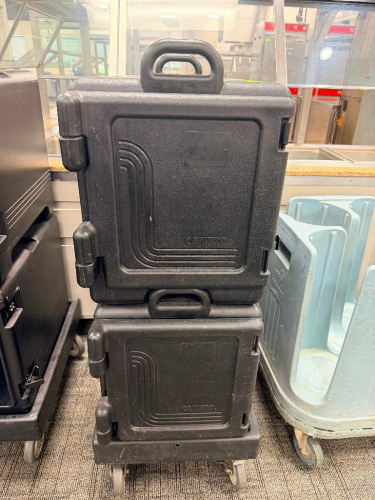 (2) CAMBRO BLACK PLASTIC INSULATED CATERING BOXES W/ DOLLY.