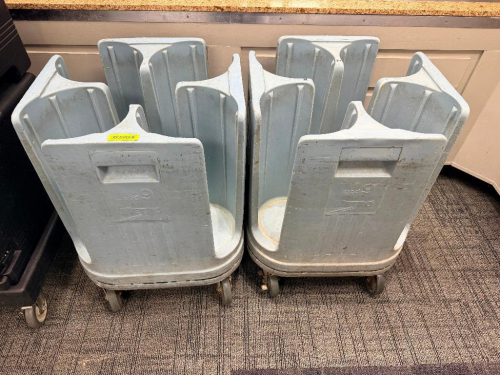 (2) FOUR GROUP BLUE PLASTIC POKER CHIP PLATE CARTS.