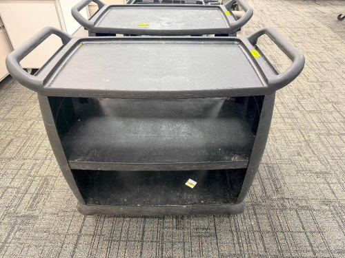 THREE TIER BLACK PLASTIC UTILITY CART.