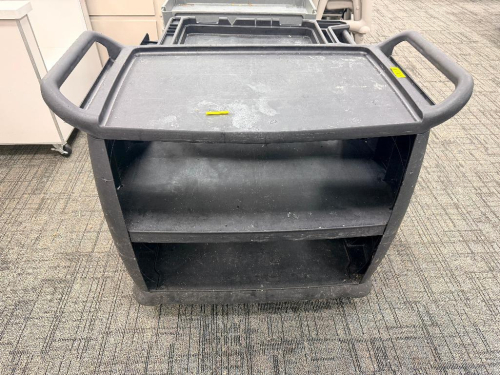 THREE TIER BLACK PLASTIC UTILITY CART.