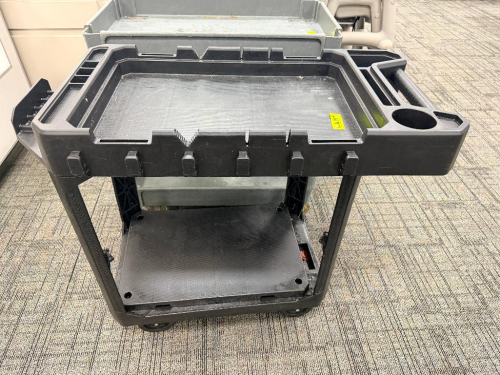 TWO TIER BLACK PLASTIC UTILITY CART.