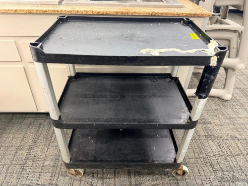THREE TIER BLACK PLASTIC UTILITY CART.