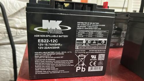 (1) NEW MK POWERED AGM NON-SPILLABLE BATTERY 12 V 18.7 AH 5 HR