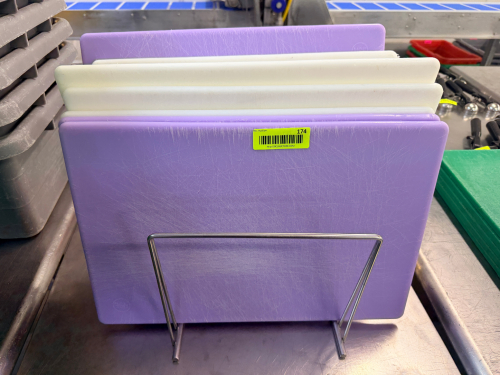 (6) PLASTIC CUTTING BOARDS W/ HOLDER.
