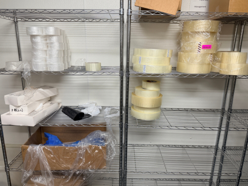 CONTENTS OF (2) SHELVES - ASSORTED PACKING TAPE AND ADHESIVES