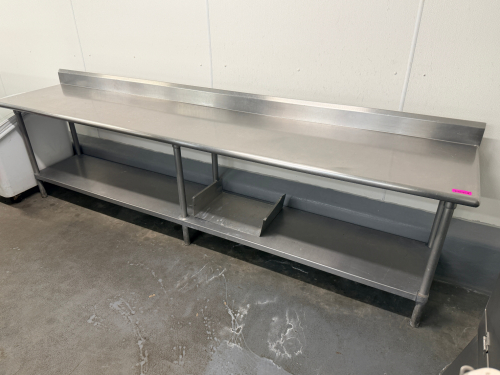10' X 24" ALL STAINLESS TABLE W/ 4" BACK SPLASH.