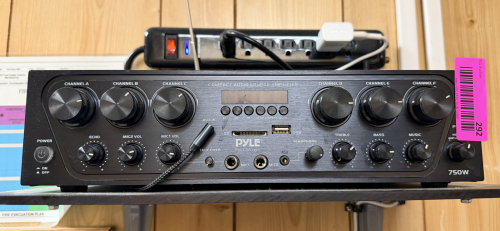PYLE COMPACT MULTI-CHANNEL AUDIO SOURCE AMPLIFIER WITH INTEGRATED MEDIA PLAYER, MICROPHONE INPUTS, AND INDEPENDENT CHANNEL VOLUME CONTROLS. FRONT PANEL FEATURES USB AND SD CARD INPUTS, LCD DISPLAY, HEADPHONE OUTPUT, AND TONE CONTROLS.
