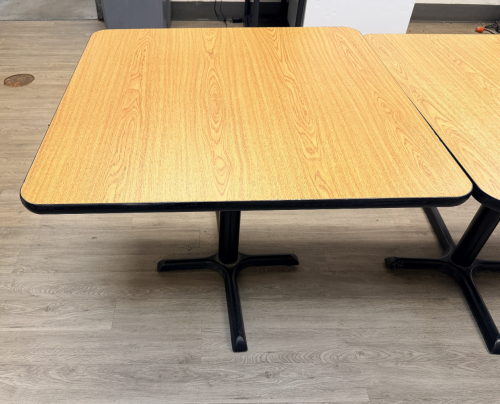(3) 36" X 36" LAMINATE WOOD TABLES W/ BASES.
