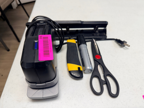 ELECTRIC STAPLER, 3 HOLE PUNCH, AND OFFICE SUPPLIES.