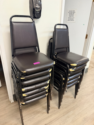 (13) BLACK STACK CHAIRS ( ALL WITH DMG TO SEATS )