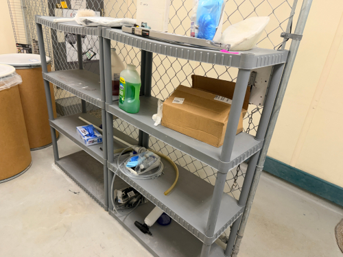 (2) 26" FOUR TIER GREY PLASTIC SHELVES.