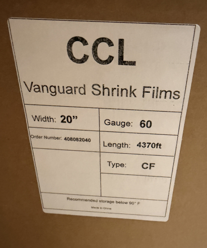 (9) CASES OF CCL VANGUARD SHRINK FILMS 20" X 4370 FT. TYPE CF