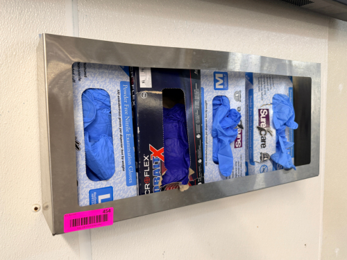 WALL MOUNTED STAINLESS WORK GLOVE STATION.