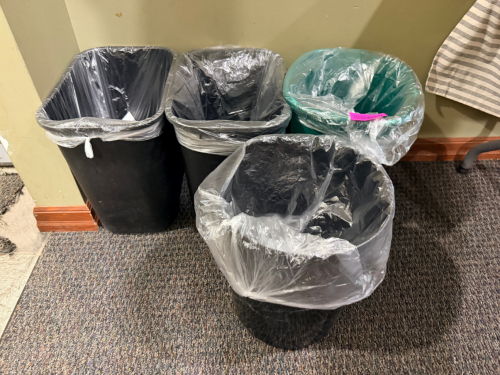 (4) ASSORTED PLASTIC OFFICE TRASH CANS.