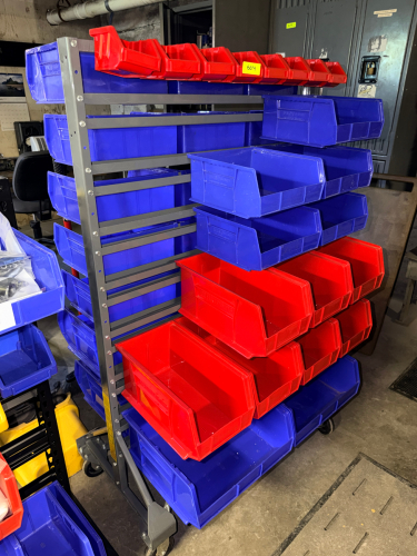 36" DOUBLE SIDED ROLL ABOUT RACK W/ PLASTIC ORGANIZER BINS.