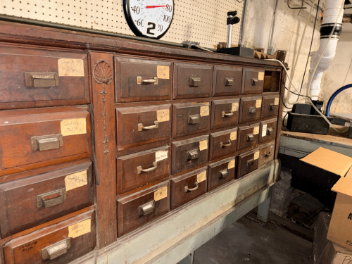 40 DRAWER VINTAGE HARDWOOD HARDWARE ORGANIZER.