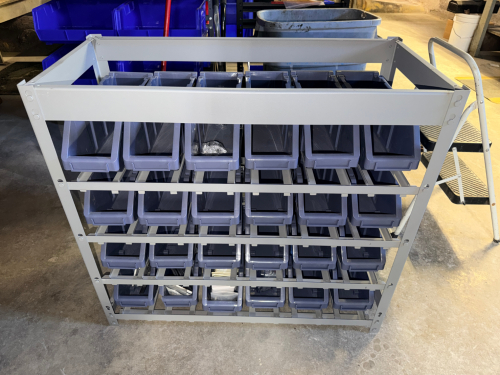 36" FOUR TIER METAL AND PLASTIC BIN ORGANIZER.